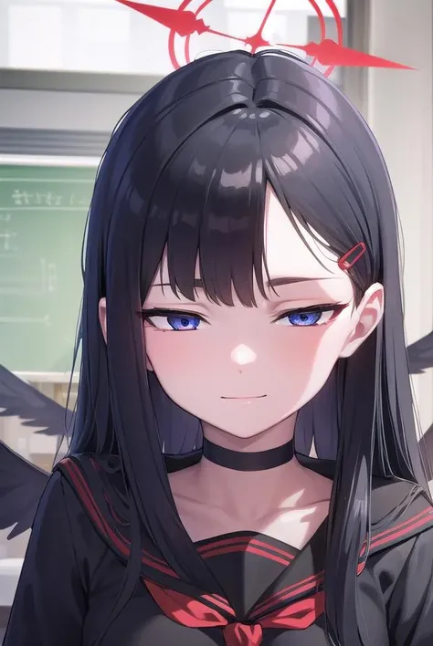 ichikanakamasa, <lora:ichikanakamasa-lora-nochekaiser:1>,
ichika nakamasa, ahoge, black hair, black wings, feathered wings, hair ornament, hairclip, halo, long hair, low wings, red halo, wings, <lora:sensualface_type1:1>, smile,
BREAK armband, black choker, black gloves, black sailor collar, black serafuku, black skirt, choker, gloves, long sleeves, neckerchief, pleated skirt, red neckerchief, safety pin, sailor collar, school uniform, serafuku, skirt,
BREAK looking at viewer, upper body, full body,
BREAK indoors, classroom,
BREAK <lyco:GoodHands-beta2:1>, (masterpiece:1.2), best quality, high resolution, unity 8k wallpaper, (illustration:0.8), (beautiful detailed eyes:1.6), extremely detailed face, perfect lighting, extremely detailed CG, (perfect hands, perfect anatomy),