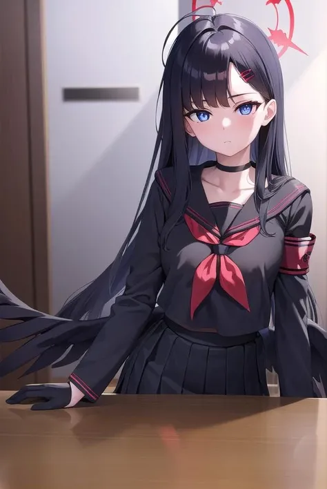 ichikanakamasa, <lora:ichikanakamasa-lora-nochekaiser:1>,
ichika nakamasa, ahoge, black hair, black wings, feathered wings, hair ornament, hairclip, halo, long hair, low wings, red halo, wings,
BREAK armband, black choker, black gloves, black sailor collar, black serafuku, black skirt, choker, gloves, long sleeves, neckerchief, pleated skirt, red neckerchief, safety pin, sailor collar, school uniform, serafuku, skirt,
BREAK looking at viewer, upper body, full body,
BREAK indoors, classroom,
BREAK <lyco:GoodHands-beta2:1>, (masterpiece:1.2), best quality, high resolution, unity 8k wallpaper, (illustration:0.8), (beautiful detailed eyes:1.6), extremely detailed face, perfect lighting, extremely detailed CG, (perfect hands, perfect anatomy),