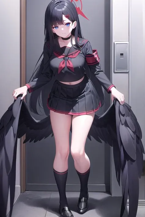 Blue Archive Hasumi, hasumi, Black hair, hair between eye, Long hair, (Red Eyes:1.5), Wings, Black wings, low wings, Feathered wings, (large full breasts:1.2),Blake Black Choker、(Black Serafuk:1.5)、Black skirt、Black Niso、garter strap、long-sleeve、pleatedskirt、student clothes、(serafuku)、side slits、skirt by the、thigh-high socks、BREAK looking at viewer, BREAK (masutepiece:1.2), Best Quality, High resolution, Unity 8k壁纸, (Illustration:0.8), (Beautiful detailed eyes:1.6), extra detailed face, Perfect Lighting, extremely details CG, (Perfect hands, Perfect Anatomy)、(Skirt lift:1.3), (white panties:1.3)、(Skirt that rolls up:1.3)、(Fully exposed panties:1.5)、outdooroutdoor、