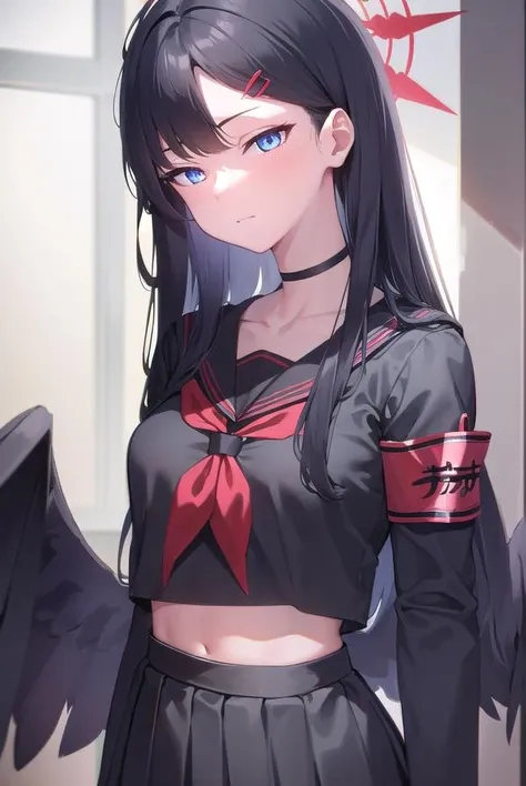 ichikanakamasa, <lora:ichikanakamasa-lora-nochekaiser:1>,
ichika nakamasa, ahoge, black hair, black wings, feathered wings, hair ornament, hairclip, halo, long hair, low wings, red halo, wings, <lora:sensualface_type1:1>,
BREAK armband, black choker, black gloves, black sailor collar, black serafuku, black skirt, choker, gloves, long sleeves, neckerchief, pleated skirt, red neckerchief, safety pin, sailor collar, school uniform, serafuku, skirt,
BREAK looking at viewer, upper body, full body,
BREAK indoors, classroom,
BREAK <lyco:GoodHands-beta2:1>, (masterpiece:1.2), best quality, high resolution, unity 8k wallpaper, (illustration:0.8), (beautiful detailed eyes:1.6), extremely detailed face, perfect lighting, extremely detailed CG, (perfect hands, perfect anatomy),