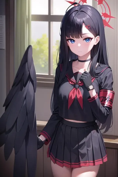 ichikanakamasa, <lora:ichikanakamasa-lora-nochekaiser:1>,
ichika nakamasa, ahoge, black hair, black wings, feathered wings, hair ornament, hairclip, halo, long hair, low wings, red halo, wings,
BREAK armband, black choker, black gloves, black sailor collar, black serafuku, black skirt, choker, gloves, long sleeves, neckerchief, pleated skirt, red neckerchief, safety pin, sailor collar, school uniform, serafuku, skirt,
BREAK looking at viewer, upper body, full body,
BREAK indoors, classroom,
BREAK <lyco:GoodHands-beta2:1>, (masterpiece:1.2), best quality, high resolution, unity 8k wallpaper, (illustration:0.8), (beautiful detailed eyes:1.6), extremely detailed face, perfect lighting, extremely detailed CG, (perfect hands, perfect anatomy),