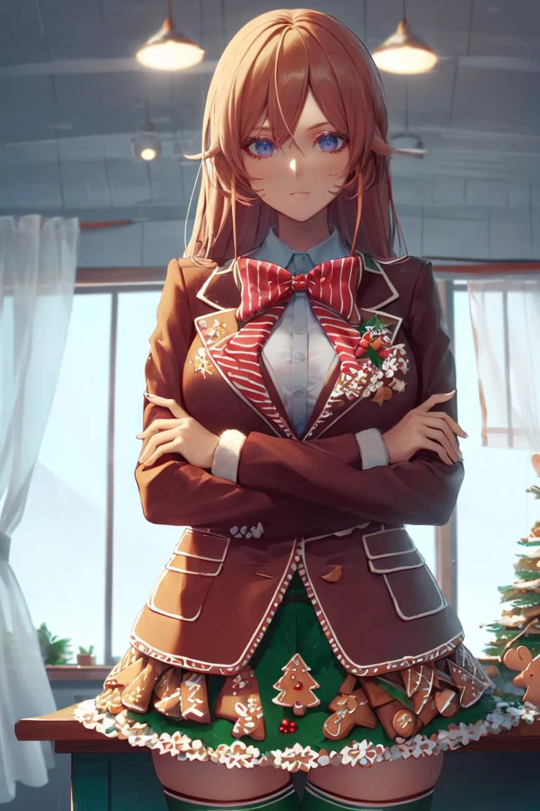 <lora:GingerbreadFashion:1.2>, gingerbreadfashion, clothes made of christmas gingerbread, masterpiece, best quality, highres, aaerina, long hair, red bow, striped bow, blazer, blue jacket, long sleeves, plaid skirt, brown skirt, black thighhighs, <lora:nakiri_erina_v1:0.7>, crossed arms, indoors, classroom
