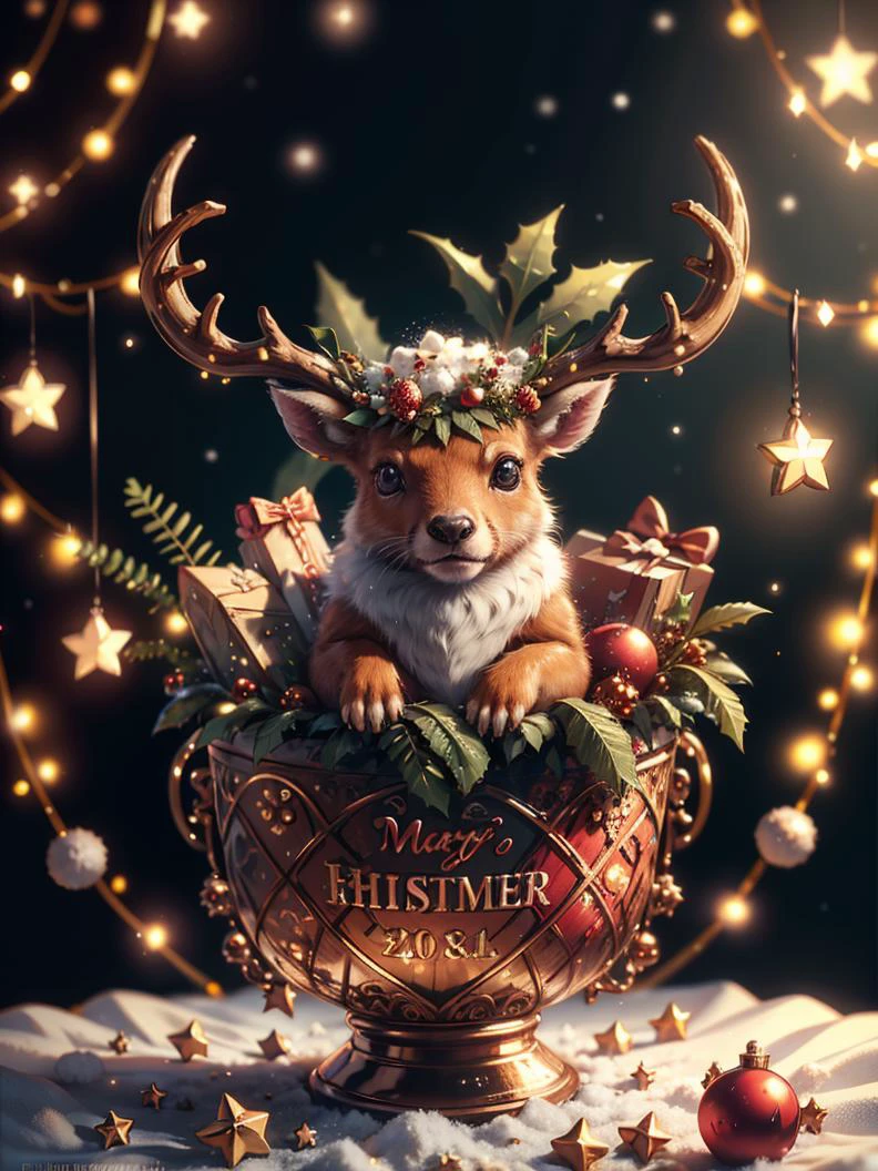 RAW photo, deer, magic horns, complex christmas background, 8k uhd, dslr, soft lighting, high quality, film grain, Fujifilm XT3, (intricate details:0.9), (hdr, hyperdetailed:1.2)
<lora:CuteCreatures:0.4> Cu73Cre4ture
<lora:ChristmasWintery:0.2> ChristmasWintery
<lora:GingerbreadFashion:0.2> gingerbreadfashion