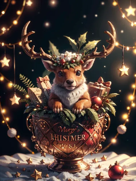 RAW photo, baby deer, magic horns, complex christmas background, 8k uhd, dslr, soft lighting, high quality, film grain, Fujifilm XT3, (intricate details:0.9), (hdr, hyperdetailed:1.2)
<lora:CuteCreatures:0.4> Cu73Cre4ture
<lora:ChristmasWintery:0.2> ChristmasWintery
<lora:GingerbreadFashion:0.2> gingerbreadfashion