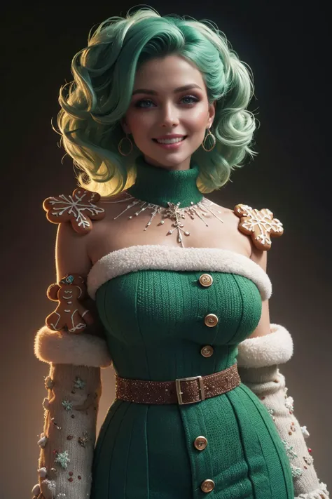 ((masterpiece)), RAW photo, (photo realistic:1.2), (extremely detailed), 1girl, 22yo, ((german)), pastel green hair, ((cute smile)), dimples, 1950s-style poodle skirt, tucked-in blouse made of christmas gingerbread, gingerbreadfashion, made of gingerbread, ((dark tones, deep photo)), Team Green for the win, extremely high-resolution details, photographic, realism pushed to extreme, fine texture, 4k, ultra-detailed, high quality, high contrast, <lora:GingerbreadFashion:0.6>