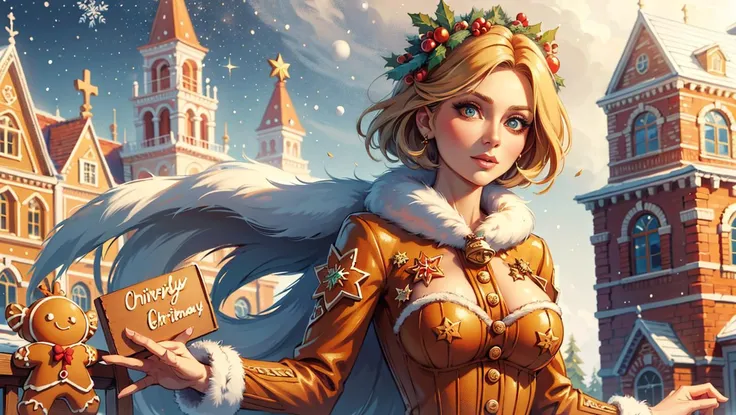 illustration, 1girl, blond short hair, jaket made of christmas gingerbread, complex winter street background, 8k uhd, (masterpiece:1.2), high quality, (intricate details:0.9), (hdr, hyperdetailed:1.2)
<lora:GingerbreadFashion:0.65> gingerbreadfashion