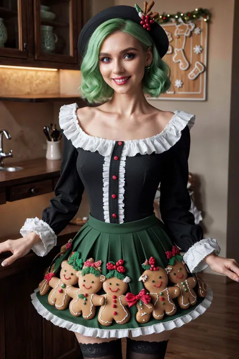 (8k, RAW photo, highest quality), (extremely detailed), 24yo, ((german goth woman)), pastel green hair, ((cute smile)), dimples, 1950s-style poodle skirt, tucked-in blouse made of christmas gingerbread, gingerbreadfashion, made of gingerbread, ((dark tones, deep photo)), Team Green for the win, extremely high-resolution details, photographic, realism pushed to extreme, fine texture, 4k, ultra-detailed, high quality, high contrast, <lora:GingerbreadFashion:0.6>