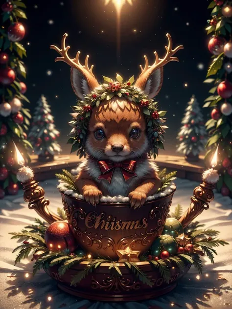 RAW photo,  deer, magic horns, complex christmas background, 8k uhd, dslr, soft lighting, high quality, film grain, Fujifilm XT3, (intricate details:0.9), (hdr, hyperdetailed:1.2)
<lora:CuteCreatures:0.4> Cu73Cre4ture
<lora:ChristmasWintery:0.2> ChristmasWintery
<lora:GingerbreadFashion:0.2> gingerbreadfashion