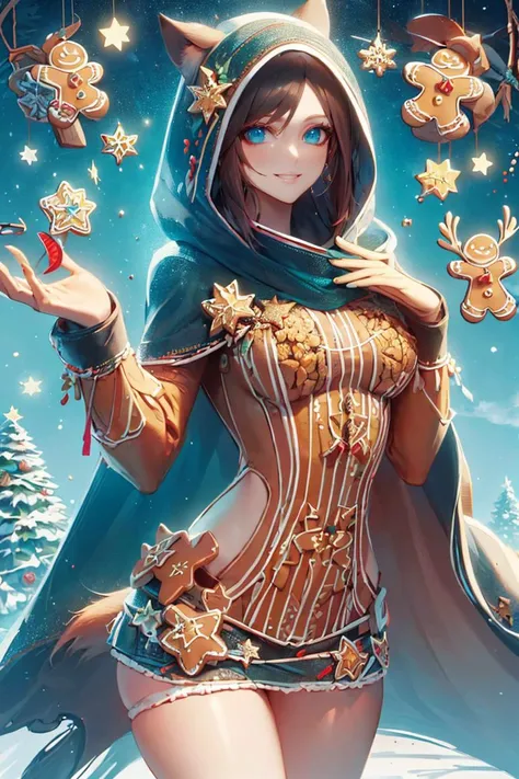 <lora:GingerbreadFashion:1.2>, gingerbreadfashion, clothes made of christmas gingerbread, ((masterpiece,best quality)), absurdres, <lora:Ira_AFK:0.7>, Ira_AFK, cape, fox tail, hood up, mini skirt,  smiling, solo, smiling, looking at viewer, cowboy shot,  forest in background, ,