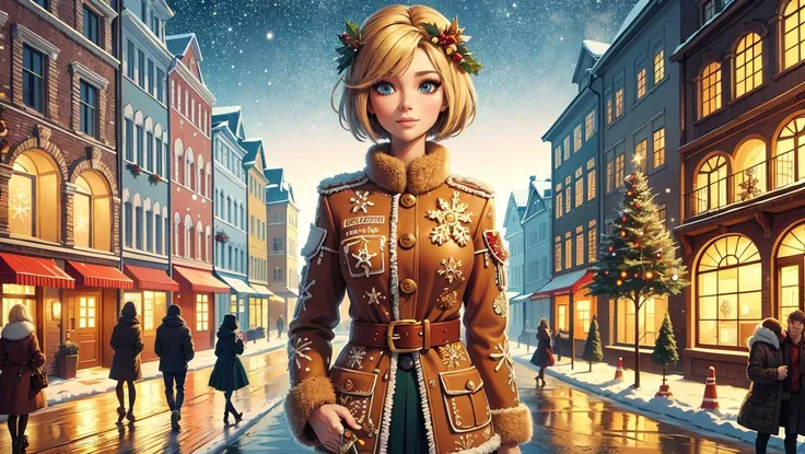 illustration, 1girl, blond short hair, jaket made of christmas gingerbread, complex winter street background, 8k uhd, (masterpiece:1.2), high quality, (intricate details:0.9), (hdr, hyperdetailed:1.2)
<lora:GingerbreadFashion:0.65> gingerbreadfashion