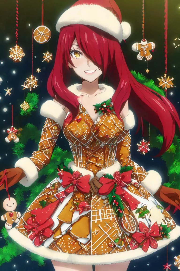 <lora:Alola_Style:0.65>, <lora:GingerbreadFashion:1.2>, gingerbreadfashion, clothes made of christmas gingerbread, ((masterpiece,best quality)), absurdres, <lora:Kobayashi_Rindou_Shokugeki:0.8>, Kobayashi_Rindou_Shokugeki, 1girl, solo, red hair, long hair, hair over one eye, yellow eyes, jacket, plaid, solo, smiling, looking at viewer, cowboy shot,