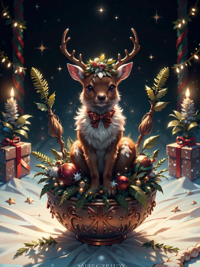 RAW photo, deer, magic horns, complex christmas background, 8k uhd, dslr, soft lighting, high quality, film grain, Fujifilm XT3, (intricate details:0.9), (hdr, hyperdetailed:1.2)
<lora:CuteCreatures:0.4> Cu73Cre4ture
<lora:ChristmasWintery:0.2> ChristmasWintery
<lora:GingerbreadFashion:0.2> gingerbreadfashion