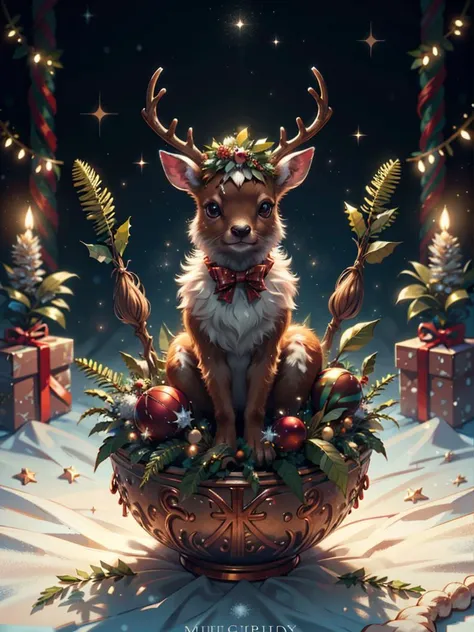 RAW photo, baby deer, magic horns, complex christmas background, 8k uhd, dslr, soft lighting, high quality, film grain, Fujifilm XT3, (intricate details:0.9), (hdr, hyperdetailed:1.2)
<lora:CuteCreatures:0.4> Cu73Cre4ture
<lora:ChristmasWintery:0.2> ChristmasWintery
<lora:GingerbreadFashion:0.2> gingerbreadfashion