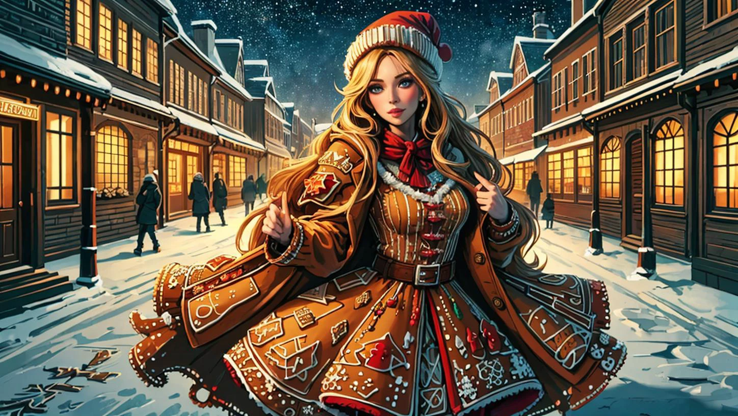 illustration, 1girl, blond long hair, jaket made of christmas gingerbread, complex winter street background, 8k uhd, (masterpiece:1.2), high quality, (intricate details:0.9), (hdr, hyperdetailed:1.2)
<lora:GingerbreadFashion:0.65> gingerbreadfashion
<lora:pytorch_lora_weights:0.8>