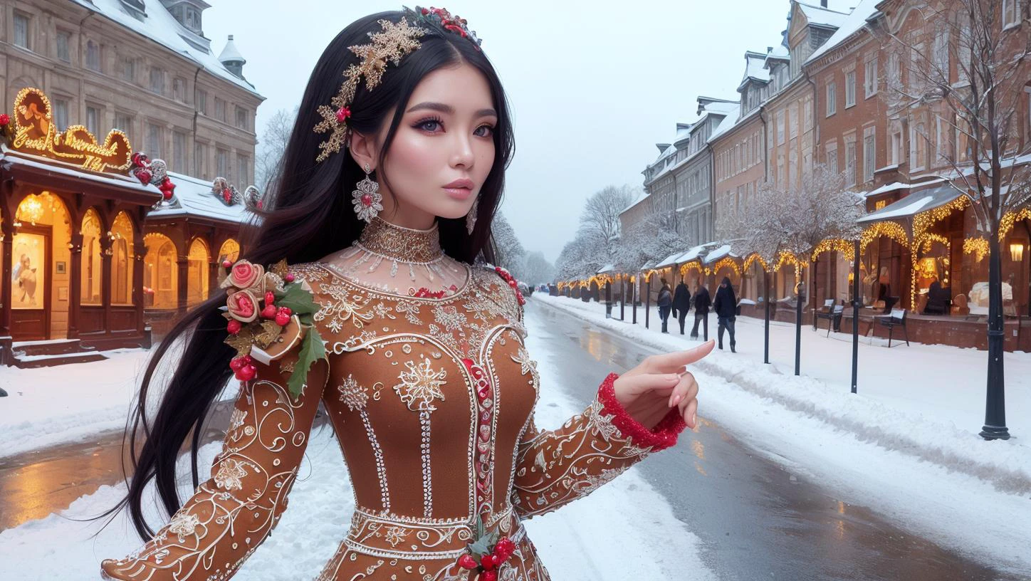 illustration, 1girl, black long hair, dress made of christmas gingerbread, complex winter street background, 8k uhd, (masterpiece:1.2), high quality, (intricate details:0.9), (hdr, hyperdetailed:1.2)
<lora:GingerbreadFashion:0.65> gingerbreadfashion