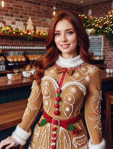 RAW photo, 1girl, redhead, beautiful (smiling:0.7) face, dress made of christmas gingerbread, GingerbreadFashion, complex cafe background, 8k uhd, dslr, soft lighting, high quality, film grain, Fujifilm XT3, (intricate details:0.9), (hdr, hyperdetailed:1.2)
<lora:GingerbreadFashion:0.6>