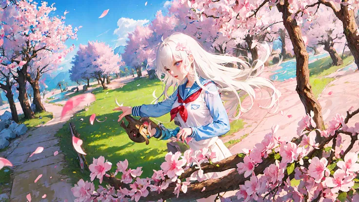 absurdres, best quality, dramatic angle, panorama,
(1girl:1.2), (solo), white hair, floating hair, hair ornament, makeup, school uniform, wooden table, dramatic angle, panorama,
outdoors, peachblossom, (floating petal)