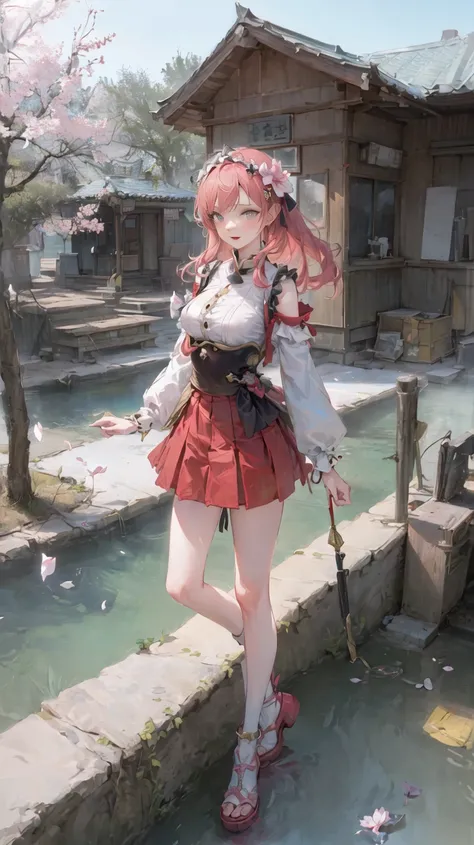 <(masterpiece, realistic:1.3), (extremely intricate:1.2)>, (wallpaper), (best quality), (extremely detailed), (illustration),
(1girl:1.2), (solo), full body, floating hair, hair ornament, makeup, (white dress), dramatic angle, panorama, (petting cats),
outdoors, peach_blossom, east asian architecture, (floating petal)