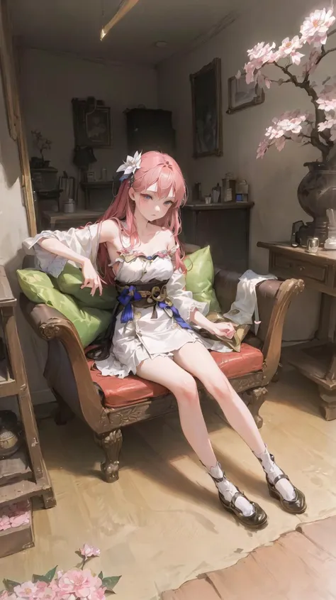 <(masterpiece, realistic:1.3), (extremely intricate:1.2)>, (wallpaper), (best quality), (extremely detailed), (illustration),
(1girl:1.2), (solo), full body, floating hair, hair ornament, makeup, (white dress), dramatic angle, panorama, (petting cats),
peach_blossom, east asian architecture, (floating petal)