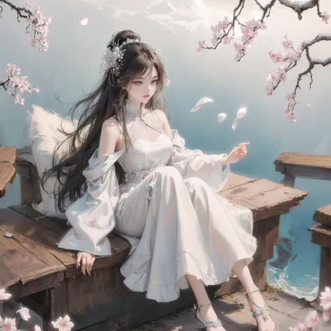 A woman sitting on a bench with a flower in her hand - SeaArt AI