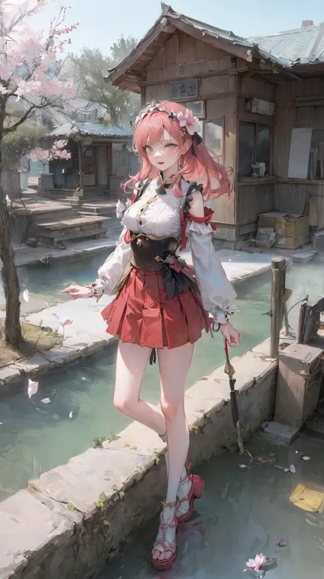 <(masterpiece, realistic:1.3), (extremely intricate:1.2)>, (wallpaper), (best quality), (extremely detailed), (illustration),
(1girl:1.2), (solo), full body, floating hair, hair ornament, makeup, (white dress), dramatic angle, panorama, (petting cats),
outdoors, peach_blossom, east asian architecture, (floating petal)