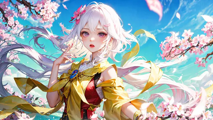 absurdres, best quality,
(1girl:1.2), (solo), white hair, floating hair, hair ornament, makeup, dramatic angle, panorama,
outdoors, peachblossom, leaf, (floating petal)