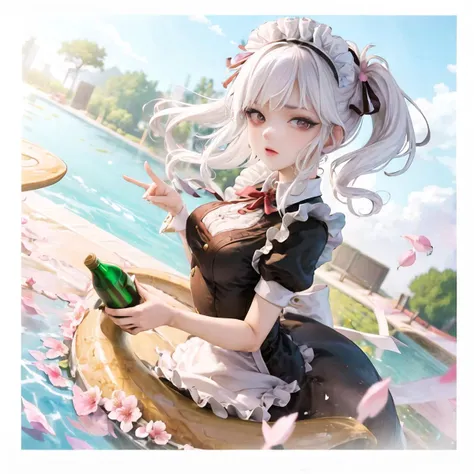 [(white background:1.5)::5], (bottle bottom:0.9),absurdres,  best quality, dramatic angle, panorama, 
(1girl:1.2), (solo), (maid), white hair, floating hair, hair ornament, makeup,dramatic angle, panorama,  looking at viewer, 
outdoors, pool, peachblossom, (floating petal)