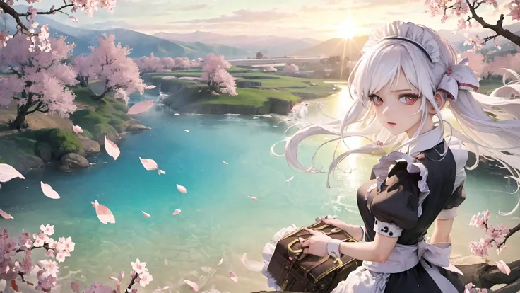 absurdres, best quality, dramatic angle, panorama,
(1girl:1.2), (solo), (maid), white hair, floating hair, hair ornament, makeup,dramatic angle, panorama, looking at viewer,
outdoors, waterfall, peachblossom, (floating petal)