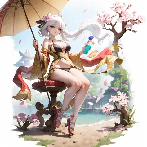 [(white background:1.5)::5], (bottle bottom:0.9), absurdres,  best quality, dramatic angle, panorama, 
(1girl:1.2), mid shot, full body, swimsuit, white hair, floating hair, hair ornament, makeup, holding umbrella, looking at viewer, 
outdoors, (in pavilion), peachblossom, (floating petal)