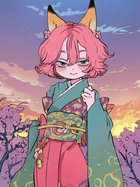 masterpiece, best quality, lineart, 1girl,solo,fox ears,japanese clothes,animal ear fluff,sash,kimono,smile,blush,hair between eyes,wide sleeves,obi,sleeves past wrists,blue sky,flowering cherryblue sky,flowering cherry,sunrise stance, (masterpiece), (best quality), HDR, intricate detail, <lora:Hizgi:1>