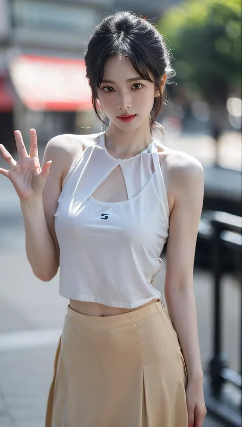 outdoors, smile, waving, perfect hand, five fingers
<lora:kpop_makina69_karina_v4.4:1>, photography, RAW photo, photo, sharp focus, Canon 5D, Fujifilm, cinematic lighting, professional lighting, natural light, ray tracing, volumetric light, masterpiece, best quality, high quality, highres, ultra highres, tank top, skirt, 1girl, (half body:1.5), half length shot, eye contact, shiny eyes, (looking at viewer:2), facing the viewer, solo, detailed skin, smooth skin, red lips, blush, detailed hair, pureerosfaceV1.9Q3J, [:(detailed face:1.2):0.2], <lora:1.5_perfect hands:1>