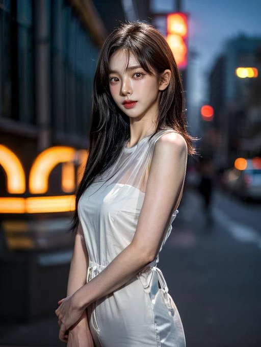 1girl, solo, upper body, (photorealistic:1.4), closed mouth, masterpiece, 8k HDR, (realistic:0.2), cinematic lighting, moonlight, colorful light, city street, (detailed background:1.1), panorama, white dress, sleeveless, red lips, (asymmetrical long hair), (detailed oily skin), ((night)), slender,