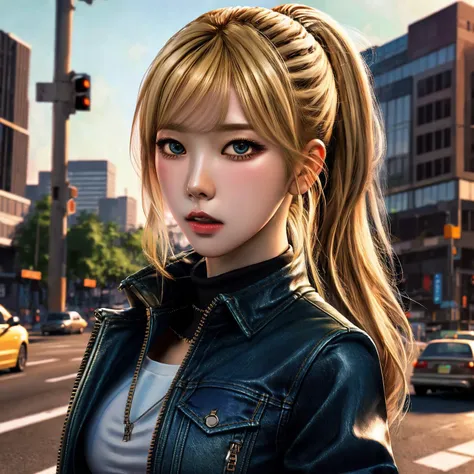 (masterpiece:1.1), (highest quality:1.1), ultra-high quality, HDR, (ultra detailed original illustration), glitch, 1 girl, <lora:add_detail:0.5>, <lora:makina69_karina_v2.1:1>, hazel eyes, blond hair, pony tail, bangs, looking up, solo, looking at the viewer, face view, leather top, short jean pants, high way, picky, sensitive, detailed background, detailed face, <lora:3DMM_V12:0.1>