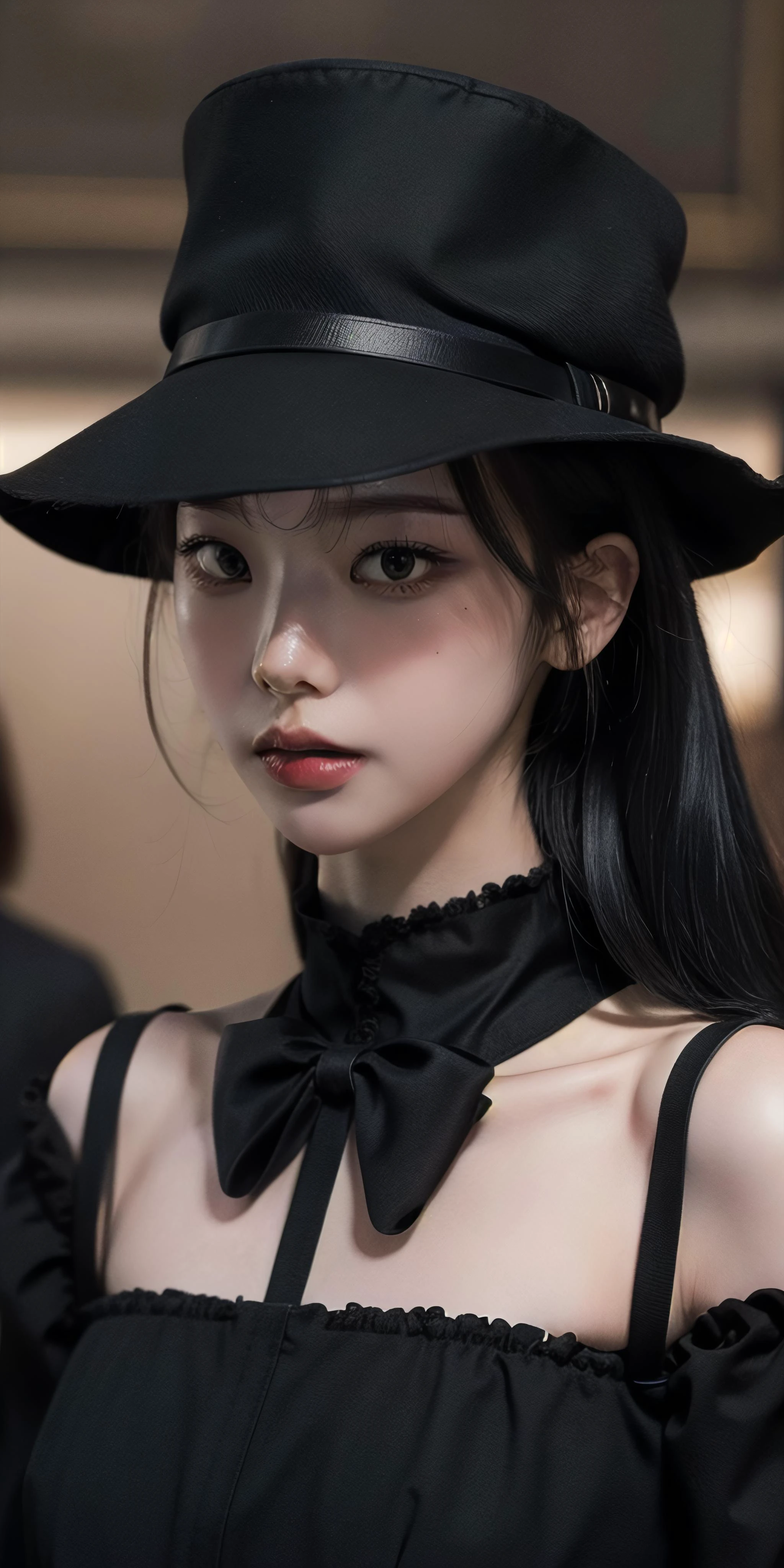 1girl, mole next to mouth, long black hair, black formal dress, black hat, in focus, at a funeral, (photorealistic:1.4), raw photo, best quality, masterpiece, ultra high res <lora:makina69_karina_v2.1:1>