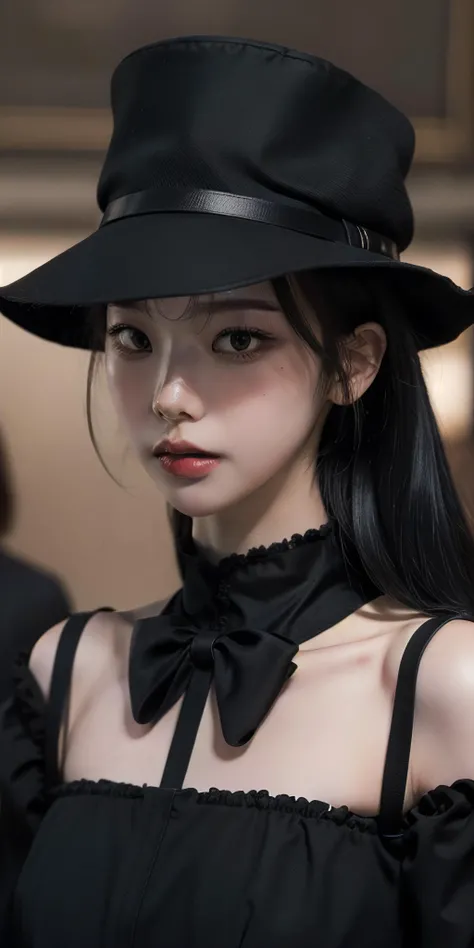 1girl, mole next to mouth, long black hair, black formal dress, black hat, in focus, at a funeral, (photorealistic:1.4), raw photo, best quality, masterpiece, ultra high res <lora:makina69_karina_v2.1:1>