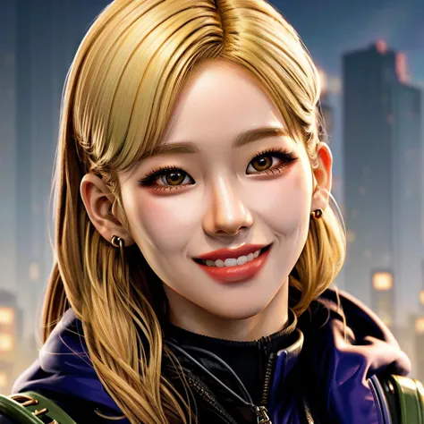 (masterpiece:1.1), (highest quality:1.1), ultra-high quality, HDR, (ultra detailed original illustration), glitch, <lora:add_detail:0.5>, <lora:makina69_karina_v2.1:1>, hazel eyes, blonde hair, fade with sideburns, looking up, solo, looking at the viewer, detailed background, detailed face, greedy smile, <lora:3DMM_V12:0.25>, 3DMM