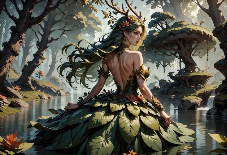 score_9, score_8_up, score_7_up, 1girl, dryad, antlers, leaf dress, open center, outside at a beautiful magical forest, lake, solo, long hair, green hair, heart, curvy, romantic, flower corsage, dynamic pose, flowers inlaid in dress, back view, looking back, <lora:Concept Art Twilight Style SDXL_LoRA_Pony Diffusion V6 XL:0.8> Concept Art, <lora:Expressive_H-000001:0.8>, expressiveH, <lora:Pony_DetailV1.0>