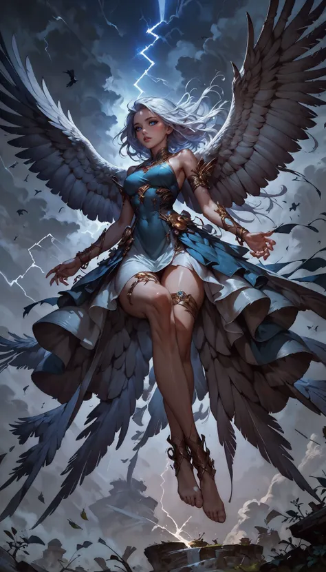 score_9, score_8_up, score_7_up, 1 girl, monster girl, bird girl, feathered wings, lightning aura, hovering among the clouds, air, gold jewelry, thigh strap, shiny skin, blush, beautiful face, blue eyes, white hair, floating hair, gentle breeze, white skin, crossed legs, blue sexy sheer dress, dutch angle, bottomless, pink fingernails, moonlight, stormlight, green leaves, flying leaves, lightning, wind, swirling wind currents, lightning bird, <lora:Expressive_H-000001:0.8>, expressiveH <lora:Fant5yP0ny:0.9> <lora:Pony_DetailV1.0:0.9> <lora:Concept Art DarkSide Style LoRA_Pony XL v6:0.8> concept art,