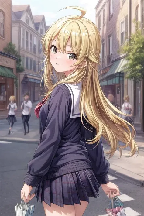 ultra-detailed,masterpiece,best quality,girl focus,girl,aamiki,shopping,happy smile,long hair,shiny eyes,from back, ahoge, school uniform,town street<lora:add_detail:1.4>  <lora:hoshii_miki_v1:0.7>