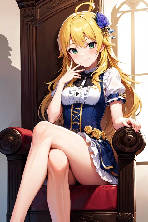masterpiece, best quality, highres, aamiki, long hair, ahoge, <lora:hoshii_miki_v1:0.7>, idol clothes, dress, hair ornament, frills, puffy sleeves, smirk, sitting, throne, crossed legs,