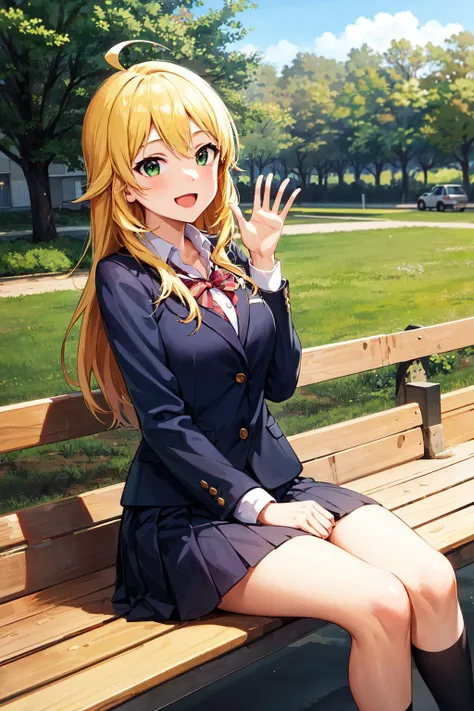 masterpiece, best quality, highres, aamiki, long hair, ahoge, <lora:hoshii_miki_v1:0.7>, school uniform, sitting, bench, smile, open mouth, outdoors, waving