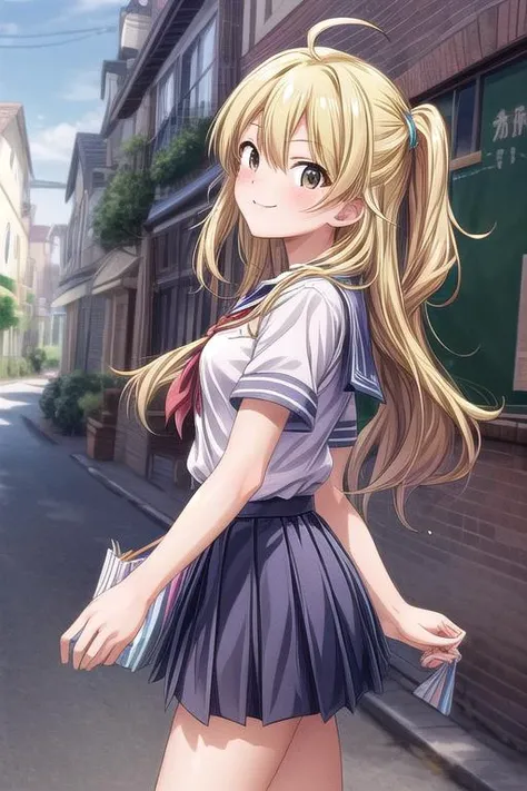 ultra-detailed,masterpiece,best quality,girl focus,girl,aamiki,shopping,happy smile,long hair,shiny eyes,from side, ahoge, school uniform,town street<lora:add_detail:1.4> <lora:hoshii_miki_v1:0.7>