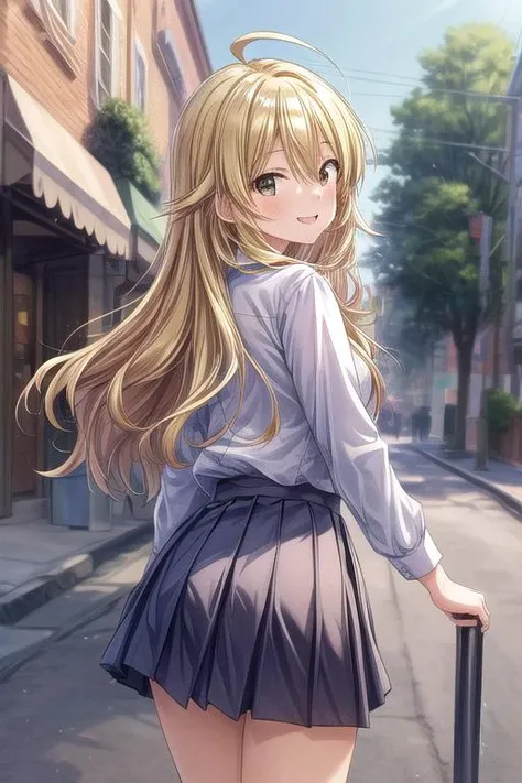 ultra-detailed,masterpiece,best quality,girl focus,girl,aamiki,shopping,happy smile,long hair,shiny eyes,from back, ahoge, school uniform,town street<lora:add_detail:1.4>  <lora:hoshii_miki_v1:0.7>