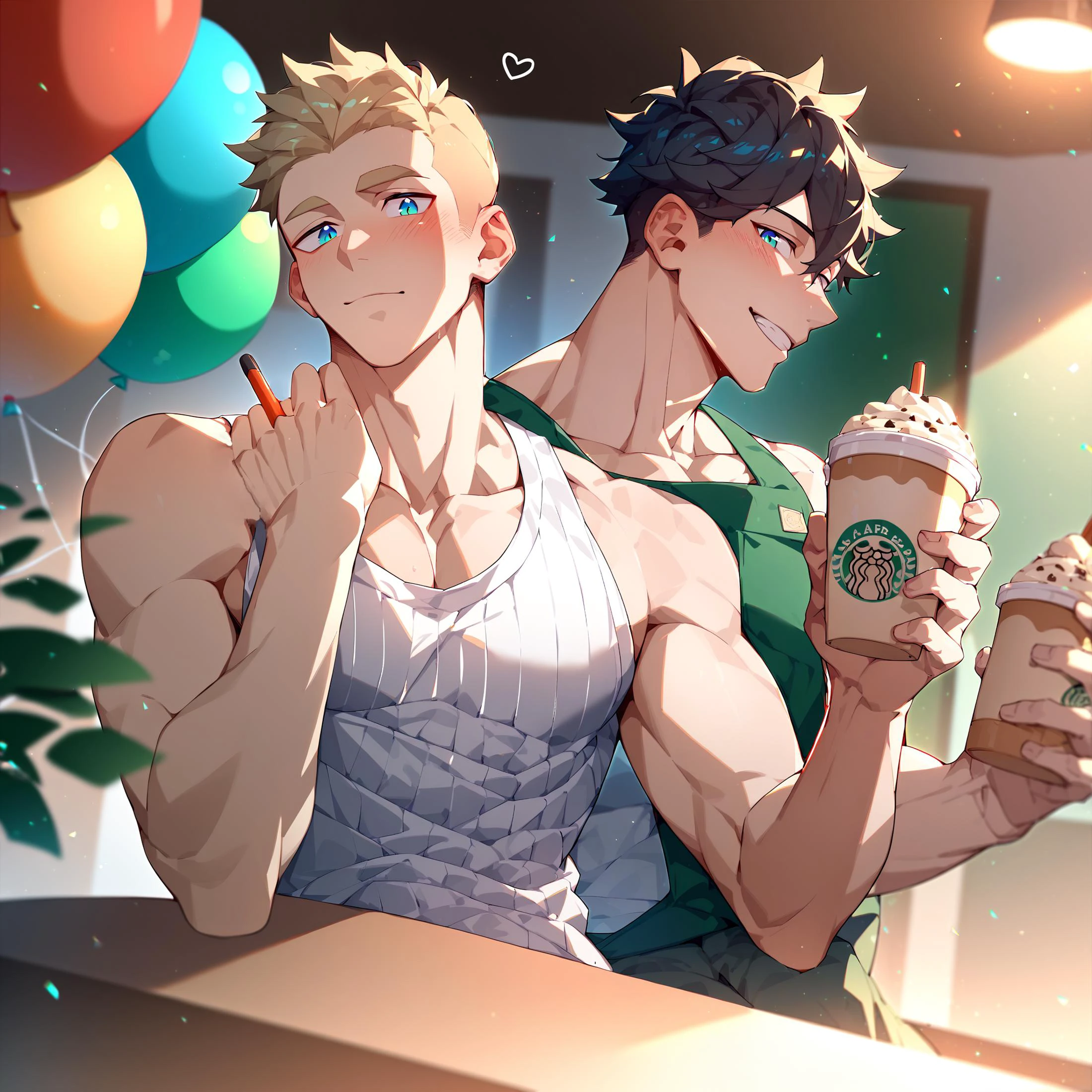 score_9, score_8_up, score_7_up, rating explicit, 2boys, multiple boys, male focus, inside Starbucks, looking at viewer, sexy, stud, (slim body:1.2), amazing quality, best aesthetic, absurdres
BREAK
multiple birthday balloons,
BREAK
short blonde hair buzz cut, (wearing white ribbed tank top), tsundere male, blushing,
BREAK
short black hair, (shirtless, wearing green apron), holding a cupcake, happy, smile, flirt,
<lora:PonyQuality_V3.3:1>, <lora:aesthetic_anime_v1s:1>