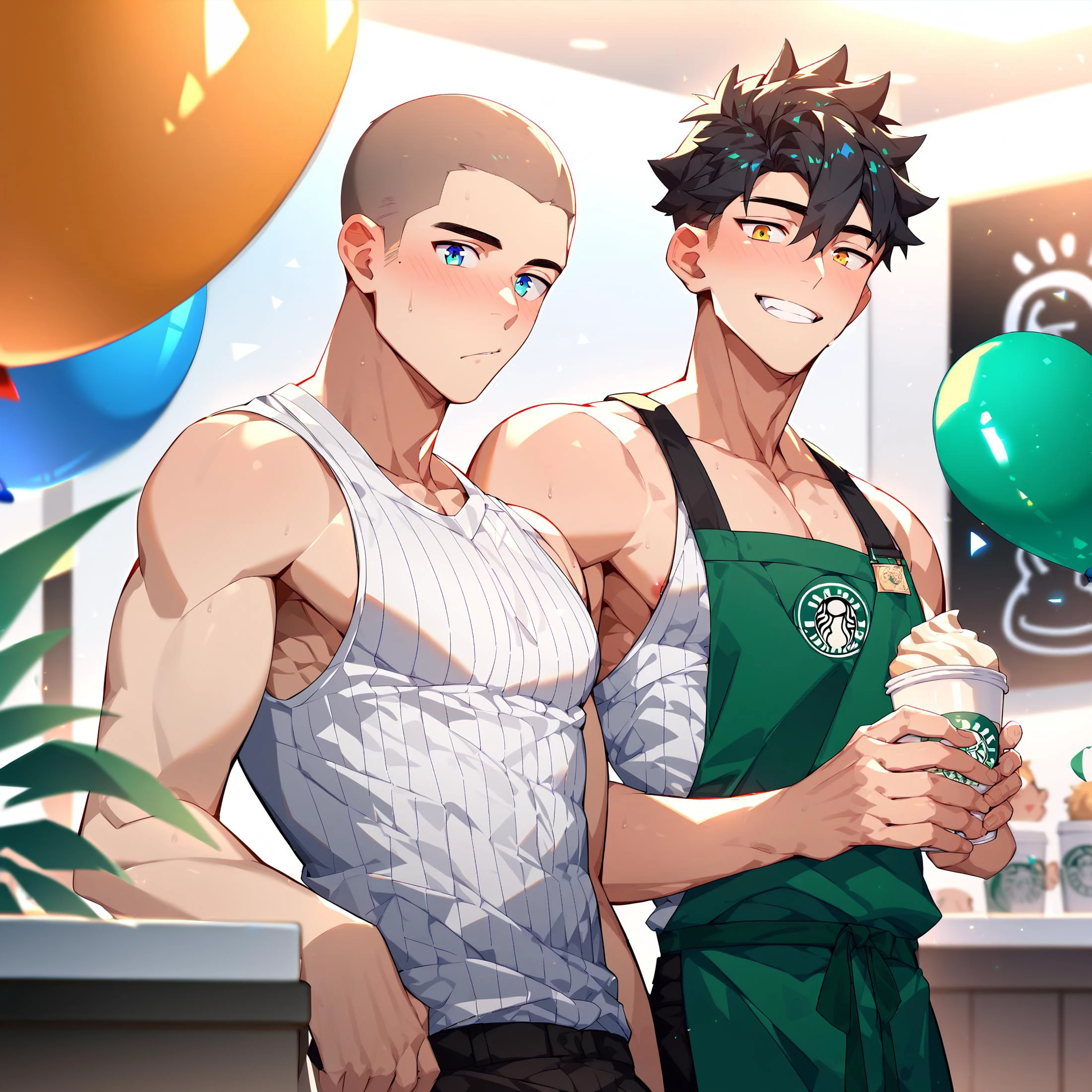 score_9, score_8_up, score_7_up, rating explicit, 2boys, multiple boys, male focus, inside Starbucks, looking at viewer, sexy, stud, (slim body:1.2), amazing quality, best aesthetic, absurdres
BREAK
multiple birthday balloons,
BREAK
short blonde hair buzz cut, (wearing white ribbed tank top), tsundere male, blushing,
BREAK
short black hair, (shirtless, wearing green apron), holding a cupcake, happy, smile, flirt,
<lora:PonyQuality_V3.3:1>, <lora:aesthetic_anime_v1s:1>