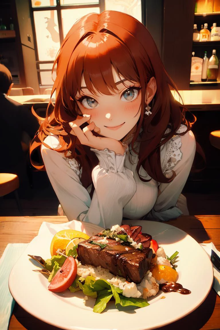 1girl with long orange hair, smiling, blushing, <lora:Date:0.7> CRE8D8, eating new york steak and a salad, <lora:yummyfood:0.8> yummyfood <lora:cocktail_v2:1> a falling-in-love cocktail made with elegance in a tall glass