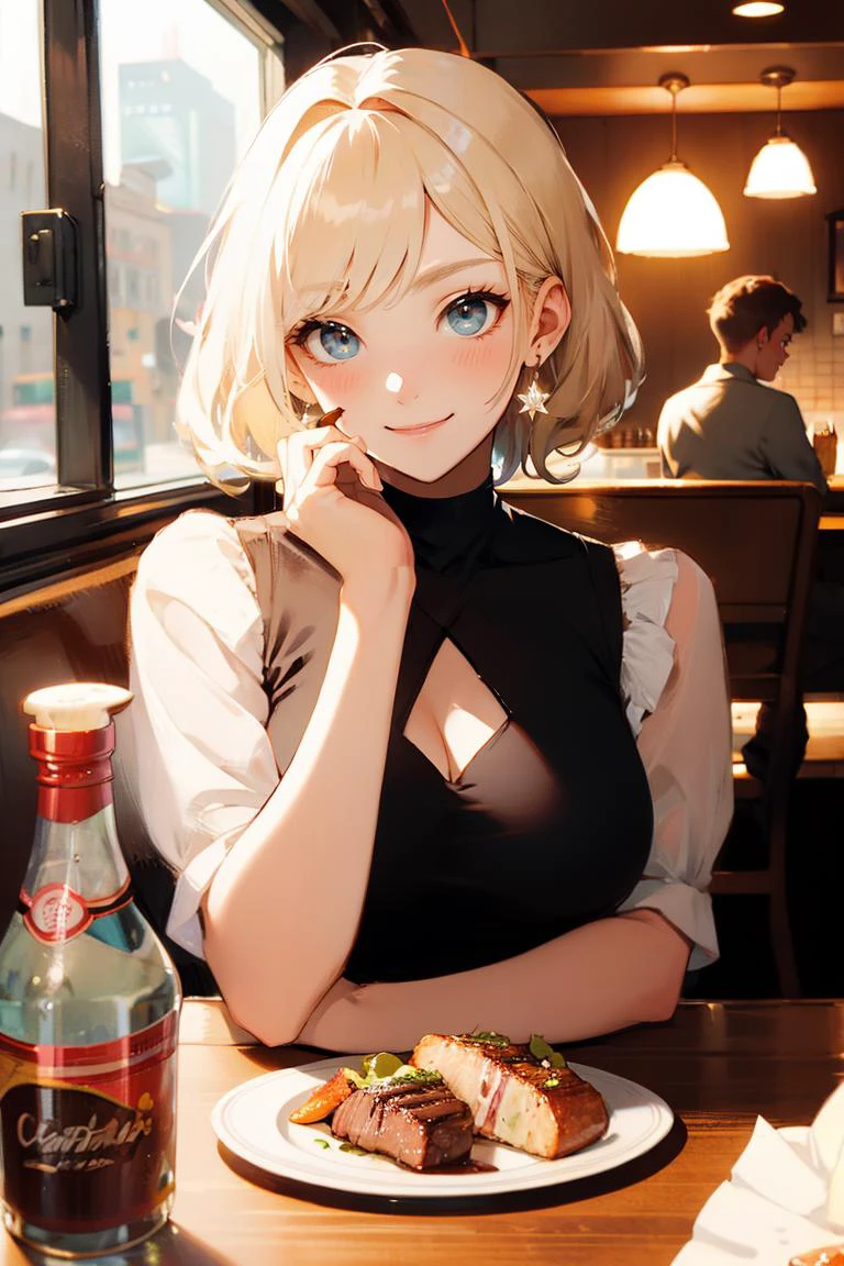 1girl with buzz cut blonde hair, smiling, blushing, <lora:Date:0.7> CRE8D8, eating new york steak and a salad, <lora:yummyfood:0.8> yummyfood <lora:cocktail_v2:1> a falling-in-love cocktail made with elegance in a martini glass