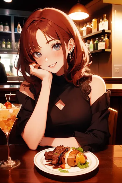 1girl with medium red hair, smiling, blushing, <lora:Date:0.7> CRE8D8, eating new york steak and a salad, <lora:yummyfood:0.8> yummyfood <lora:cocktail_v2:1> a falling-in-love cocktail made with elegance in a martini glass