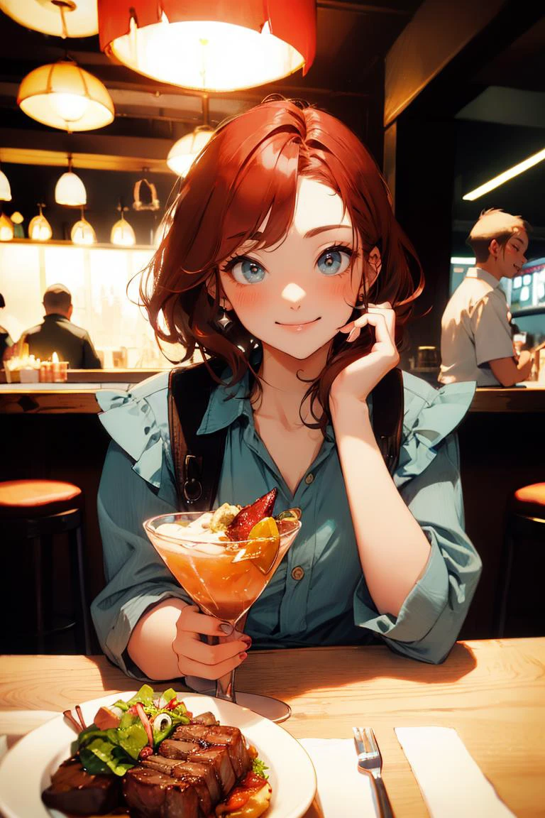 1girl with buzz cut red hair, smiling, blushing, <lora:Date:0.7> CRE8D8, eating new york steak and a salad, <lora:yummyfood:0.8> yummyfood <lora:cocktail_v2:1> a falling-in-love cocktail made with elegance in a martini glass