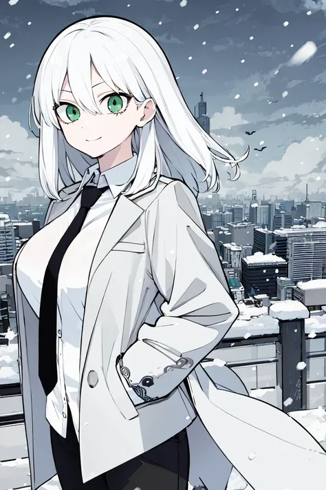 (masterpiece, best quality:1.3), (intricate details:1.2), 1girl, solo, white hair, green eyes, large breasts, grey long coat, white shirt, black necktie, hands in pockets, black pants, snowing, cloudy sky, city, street, upper body, dynamic angle, light smile,